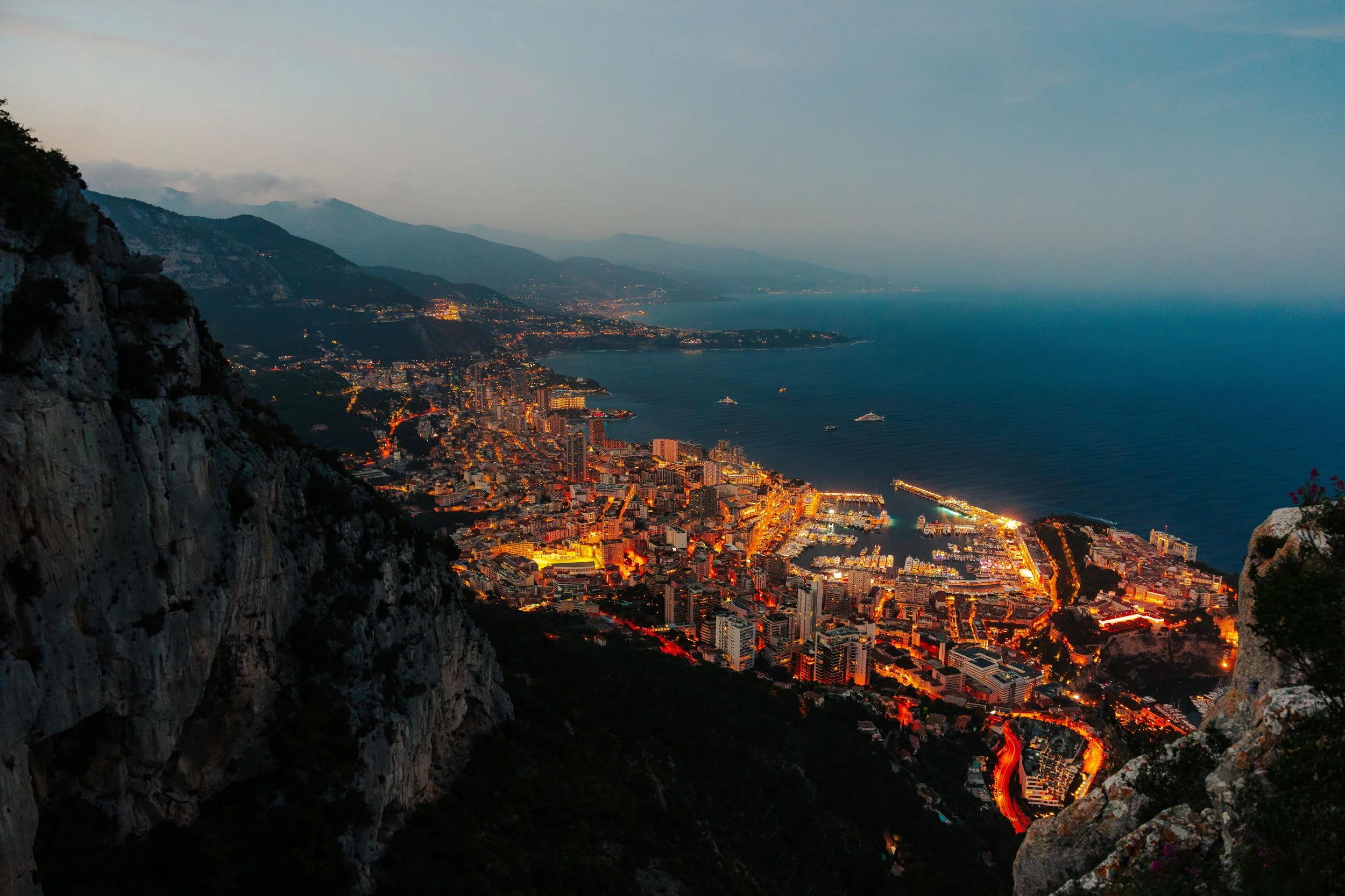 Aerial view of Monaco at night