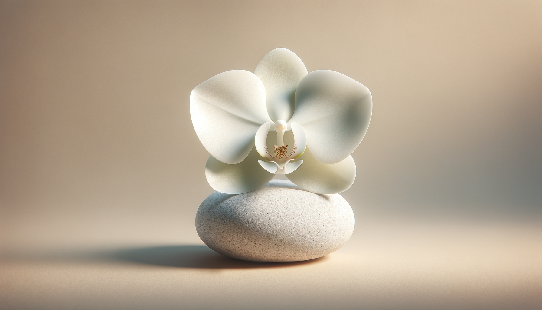 A white orchid flower with large petals resting on a smooth round pebble.