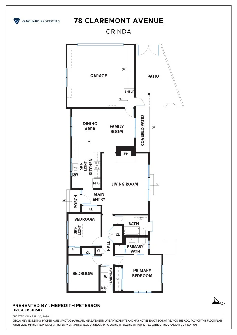 Floor plan of a house at 78 Claremont Avenue, Orinda, featuring a garage, patio, family room with fireplace, living room, main entry, kitchen, dining area, bedroom, hall, bathrooms, and primary bedroom with en suite bathroom, laundry room, and several closets.