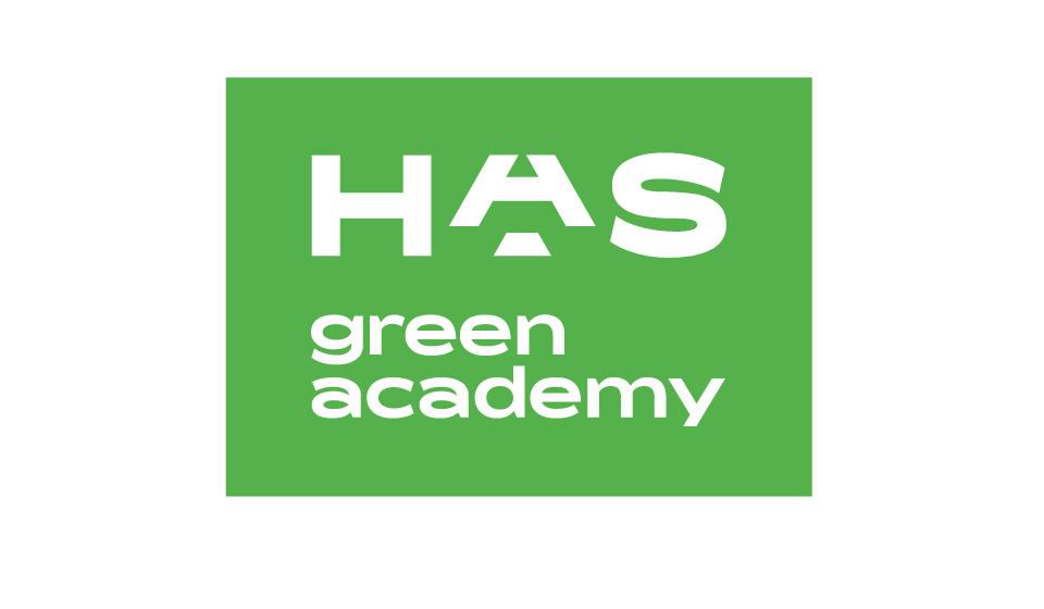 Groen vierkant met witte tekst: "HAS" en onderaan de tekst "green academy".
