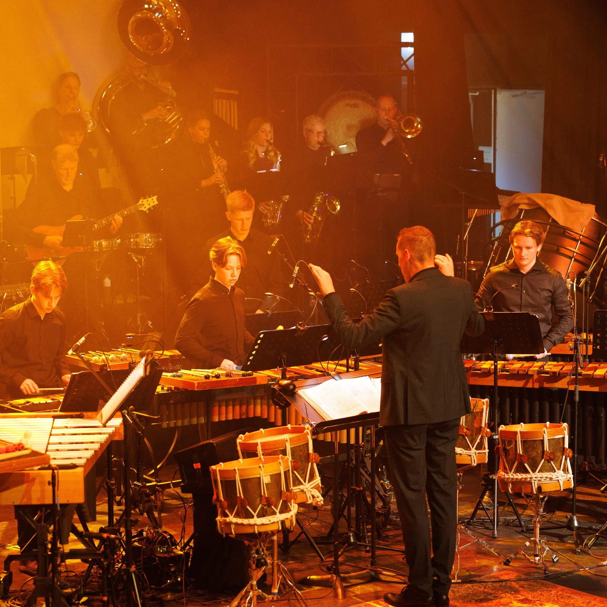 Een live orkestoptreden met muzikanten die instrumenten bespelen, zoals een gitaar, klarinet, trompet en xylofoon, onder warm oranje licht op een podium.