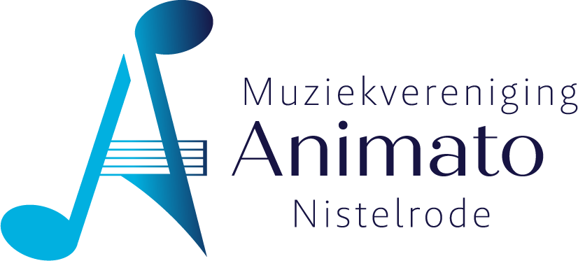 Logo van Muziekvereniging Animato Nistelrode met een grote blauwe muzieknoot en de naam van de vereniging.
