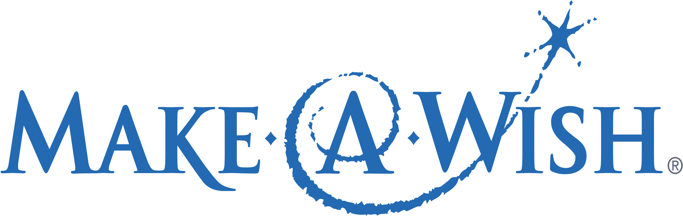Make-A-Wish Foundation logo in blue with a magic wand and star illustration