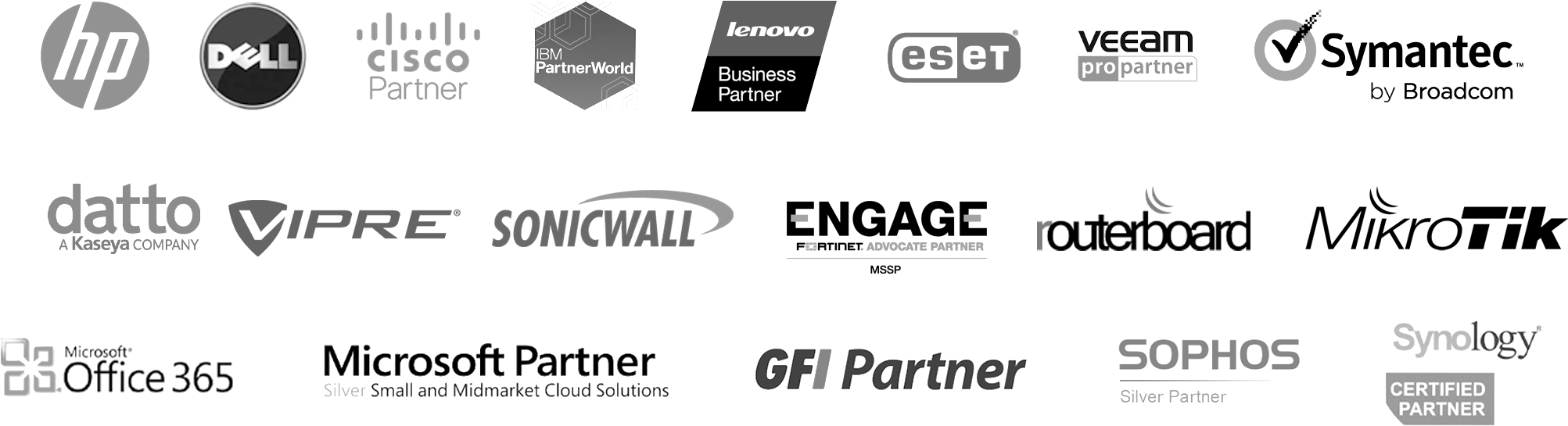 Collection of various technology and business partner logos, including HP, Dell, Cisco, IBM, Lenovo, ESET, Veeam, Symantec, Datto, VIPRE, SonicWall, Microsoft, GFI, SOPHOS, and Synology.