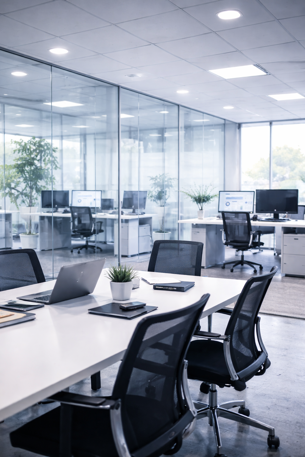 Modern office conference room with black mesh chairs, a white table, laptops, notebooks, a small potted plant, and glass-walled offices with computers and potted plants inside.