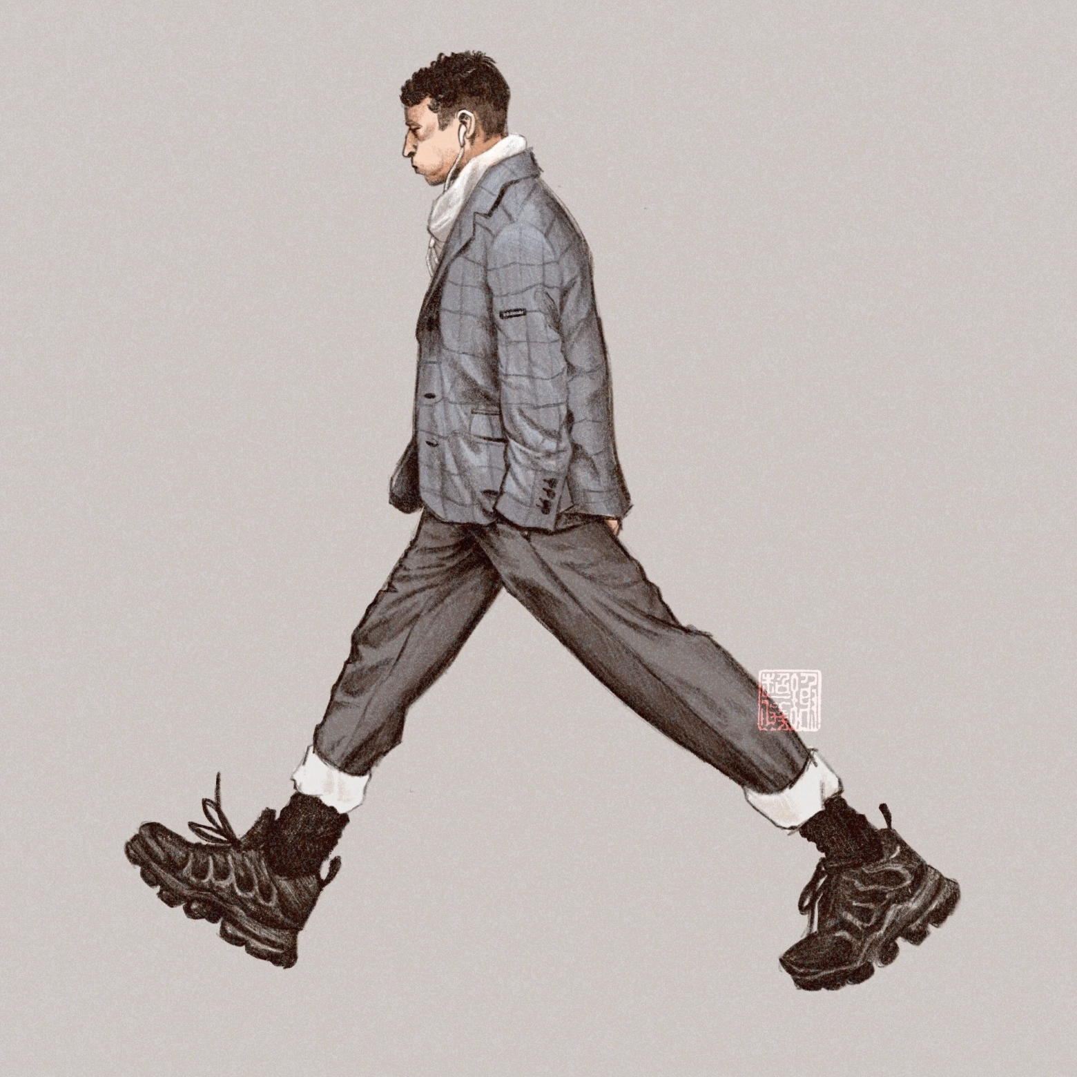 A person walking with a serious expression, wearing a gray checkered blazer, dark pants, hiking boots, headphones, and a light scarf.