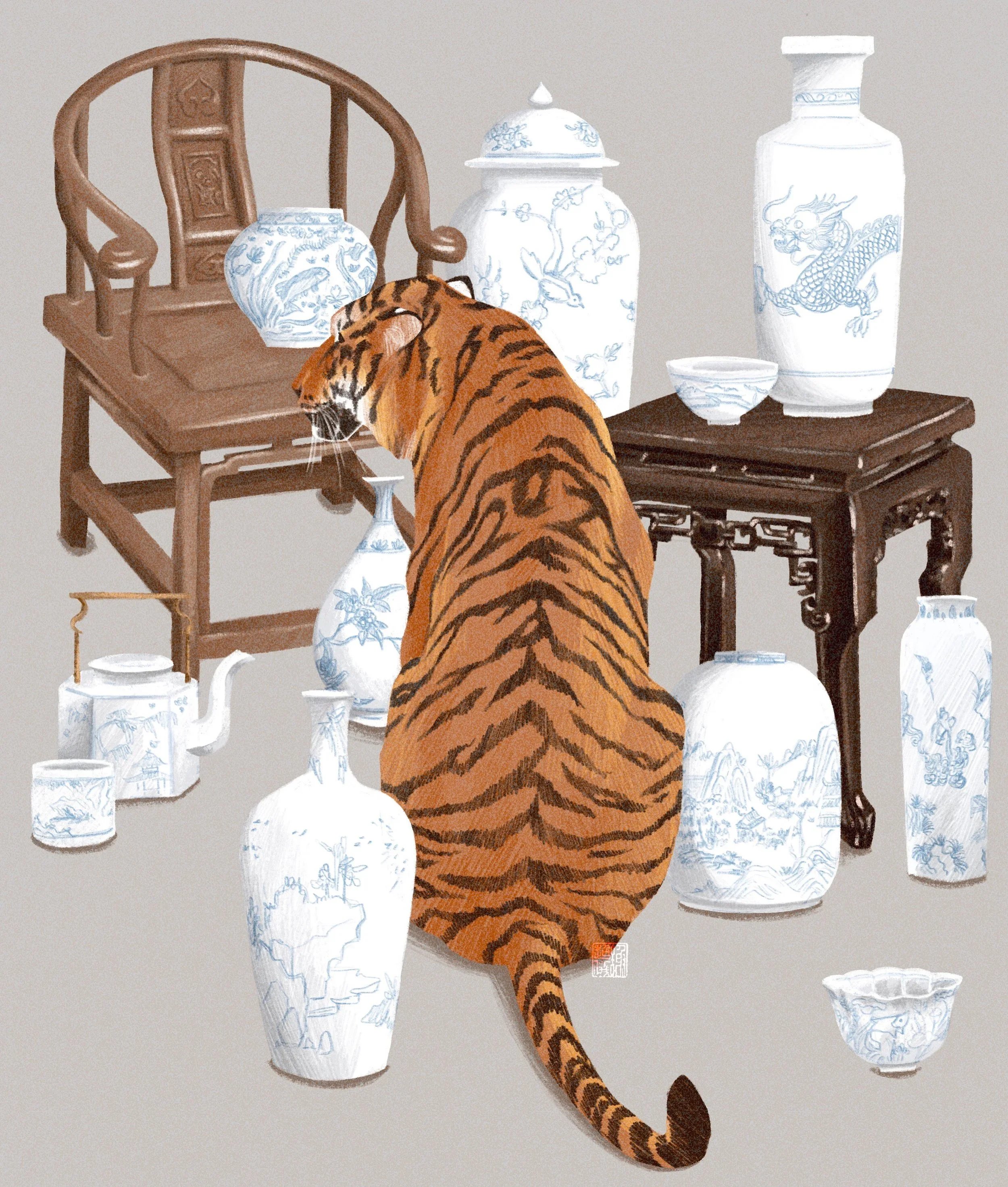 A tiger sitting among various blue and white porcelain vases and bowls, with some wooden furniture in the background.