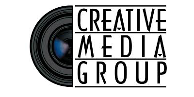 Logo for Creative Media Group featuring a stylized camera lens and bold text.