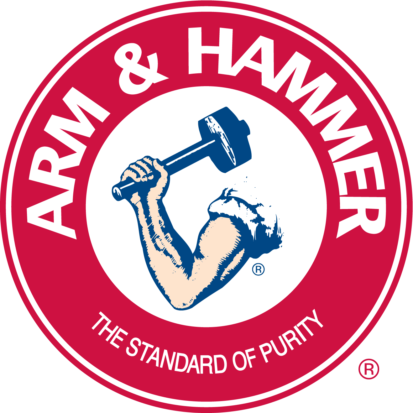 Arm and hand holding a dumbbell with a clenched fist, set inside a circular logo with red and white colors. Text reads 'ARM & HAMMER' at the top and 'THE STANDARD OF PURITY' at the bottom.