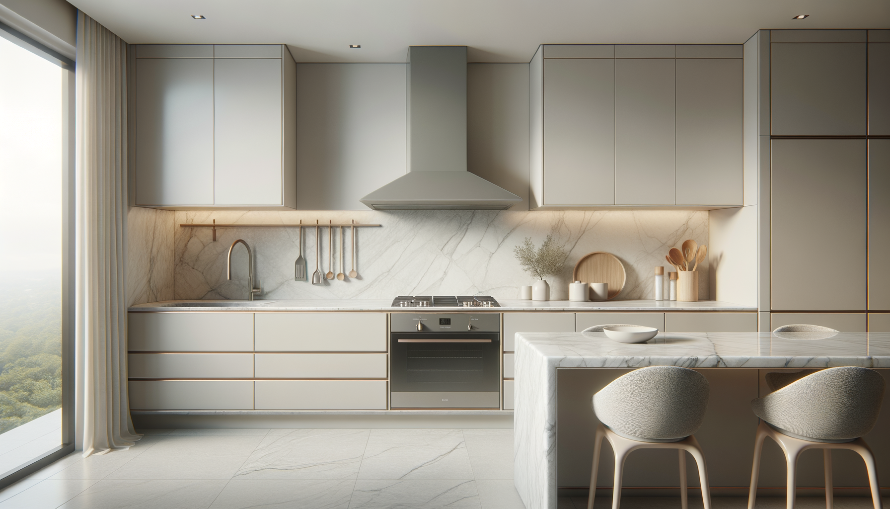 Modern kitchen with beige cabinets, marble backsplash, and a marble kitchen island, with two chairs and a large window showing a landscape.