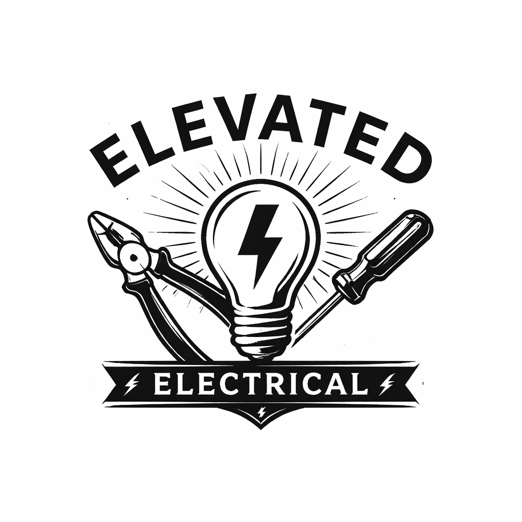 Black and white logo featuring a lightbulb with a lightning bolt inside, a screwdriver, and a pair of pliers. The text 'ELEVATED' curves above the lightbulb, and 'ELECTRICAL' is displayed on a banner below.