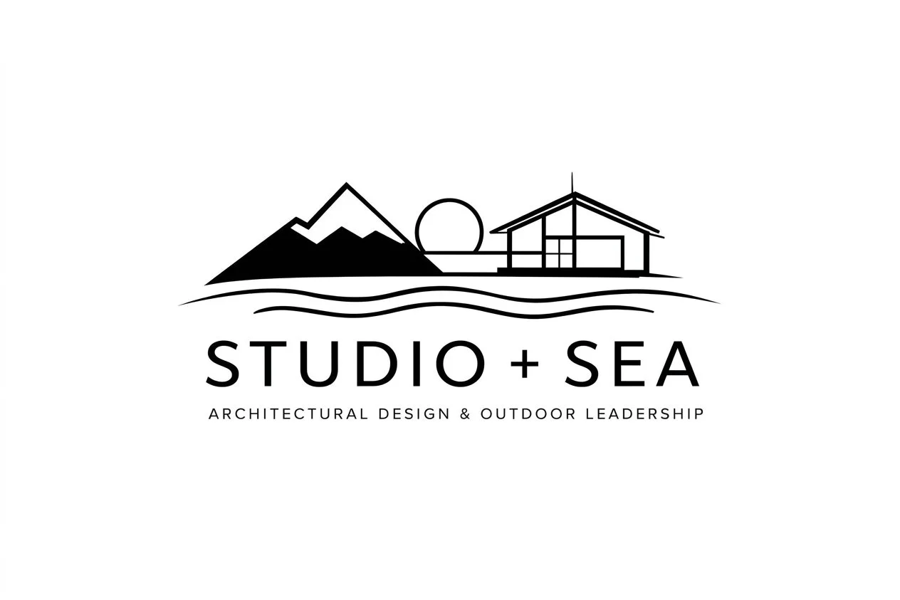 Logo with mountain, sun, and house illustrations, text reading "STUDIO + SEA" and "ARCHITECTURAL DESIGN & OUTDOOR LEADERSHIP".