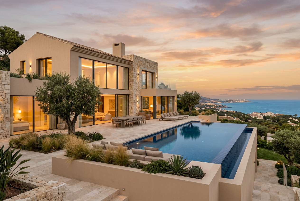 Luxury modern house with large windows, swimming pool, and scenic ocean view at sunset.