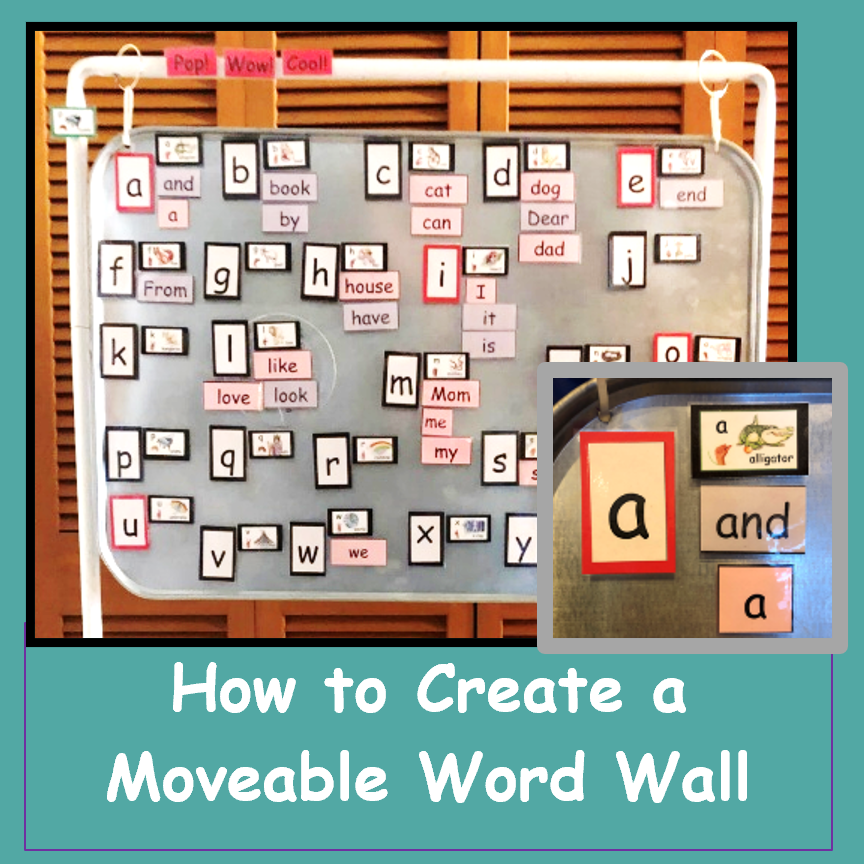 A whiteboard with letter tiles and picture cards demonstrating simple words like 'a', 'and', 'book', 'cat', 'dog', and more. There are colorful signs at the top that say 'Pop!', 'Wow', and 'Cool!'. The setup is for teaching basic reading skills for young children.