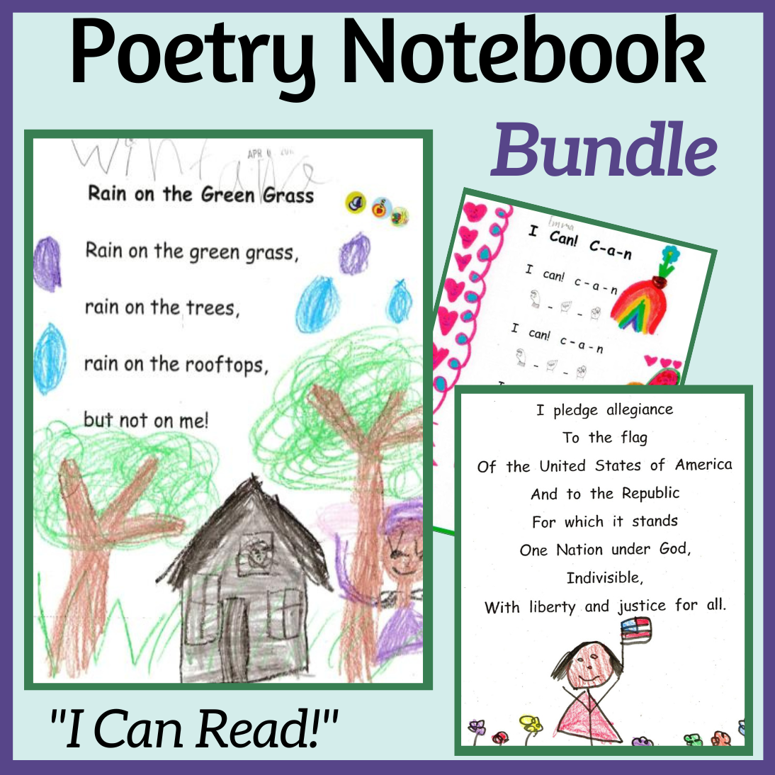 A promotion for a Poetry Notebook bundle of kindergarten curriculum from Nellie Edge Kindergarten Resources showing colorful drawings of a poem about rain on trees.