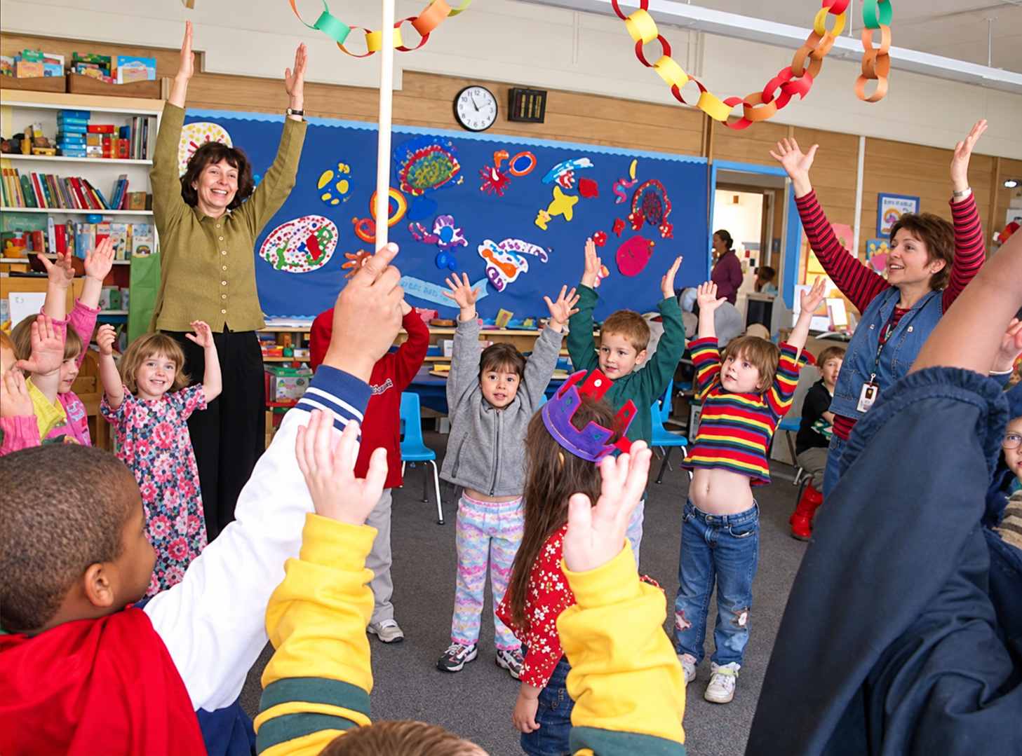 Children in a kindergarten class sing, dramatize and keep moving
