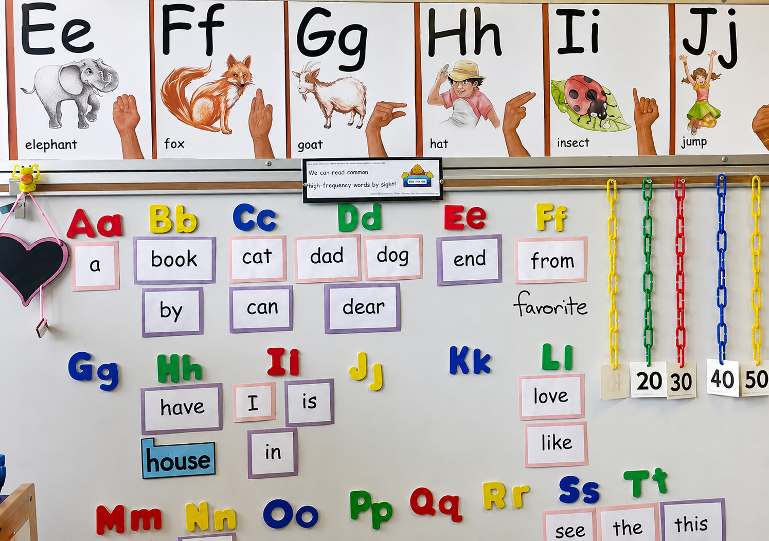 Heart Words, phonics and fingerspelling on a white board