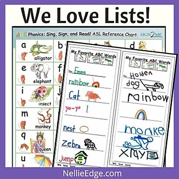 Educational display titled 'We Love Lists!' featuring alphabet charts, and two handwritten lists of favorite ABC words with drawings, on a purple background.