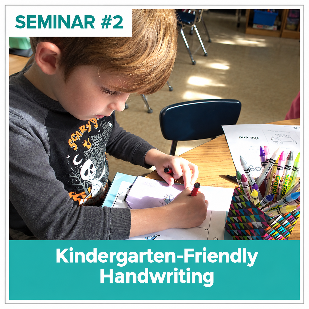 A kindergarten boy working on writing to demonstrate what he has learned, thanks to the Nellie Edge Masterclass seminar on Kindergarten Writing