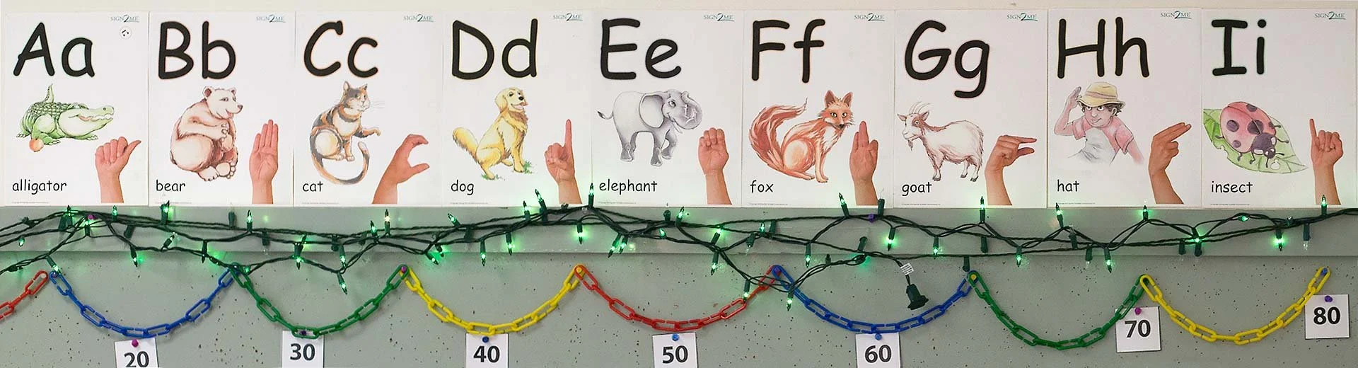 Educational display featuring the alphabet with illustrated animals and matching words, from alligator to insect, on the top row; decorated with green string lights and colorful chain links numbered from 20 to 80 below.