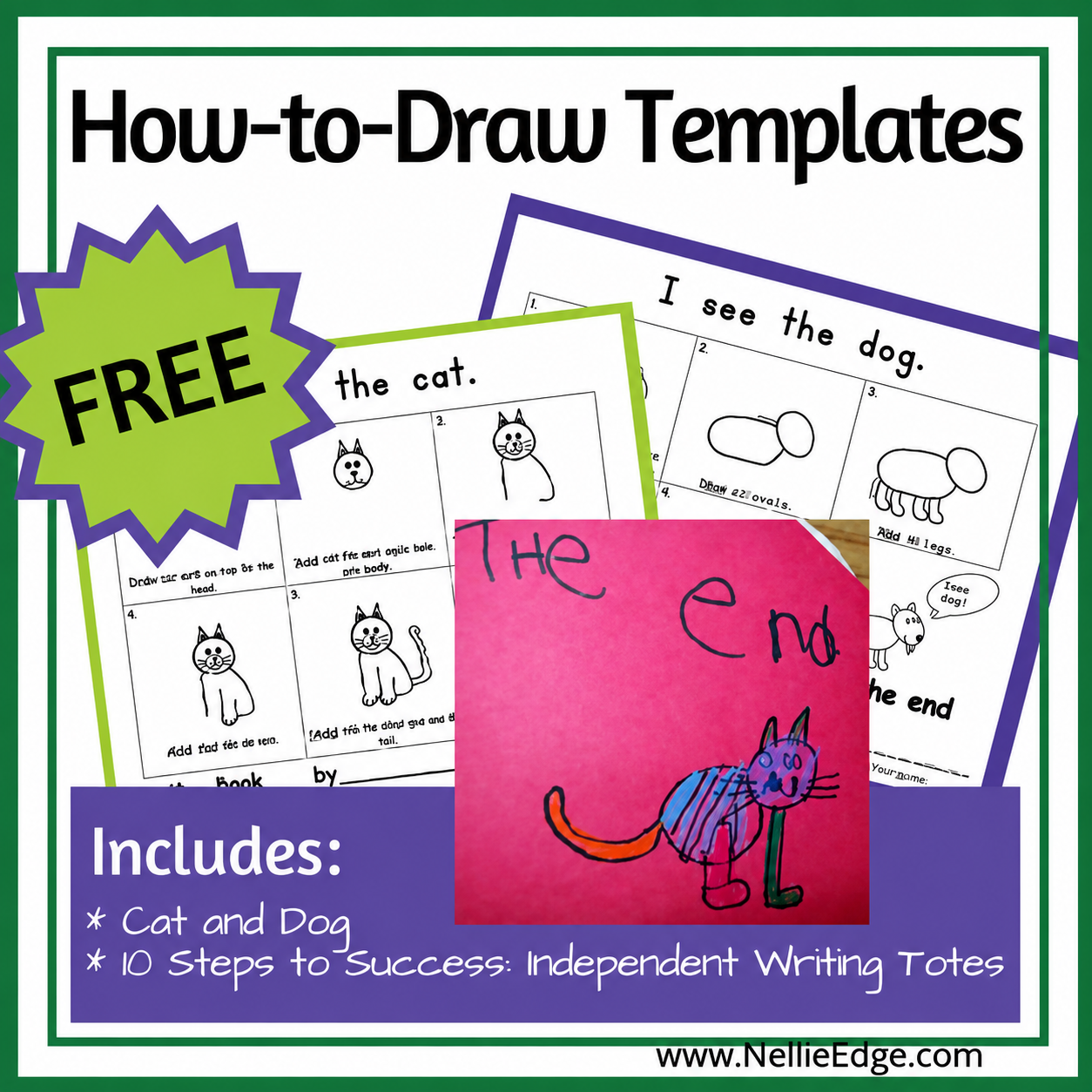 A packet of educational drawing templates for children, including instructions for drawing a cat and a dog, with extra paper showing a child's colorful drawing of a cat on pink paper and the words 'The End' on top.