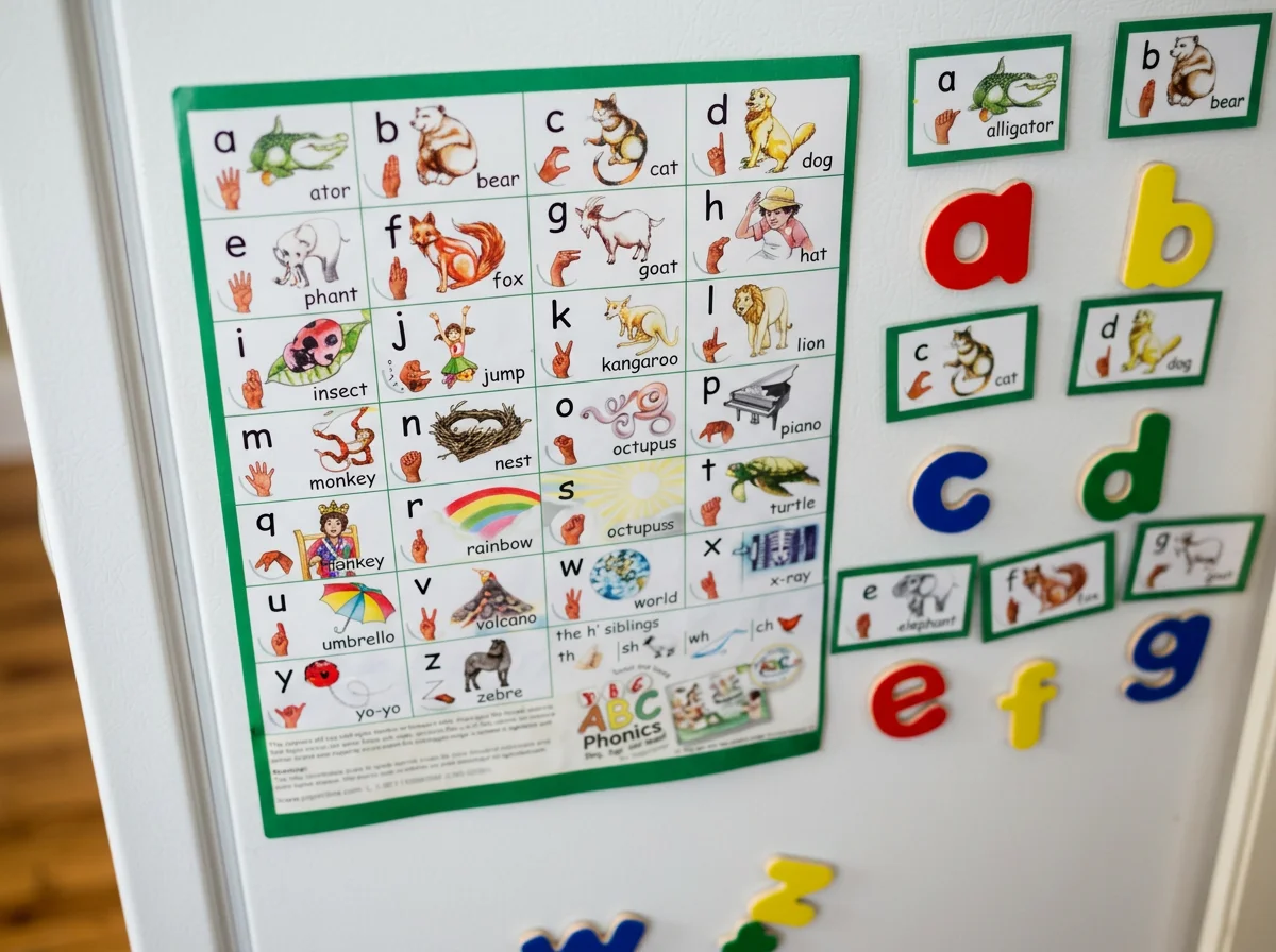 Educational magnetic board with alphabet letters, pictures, and words for children, including animals like alligator, bear, cat, dog, elephant, fox, goat, lion, monkey, zebra, and colorful visual aids.