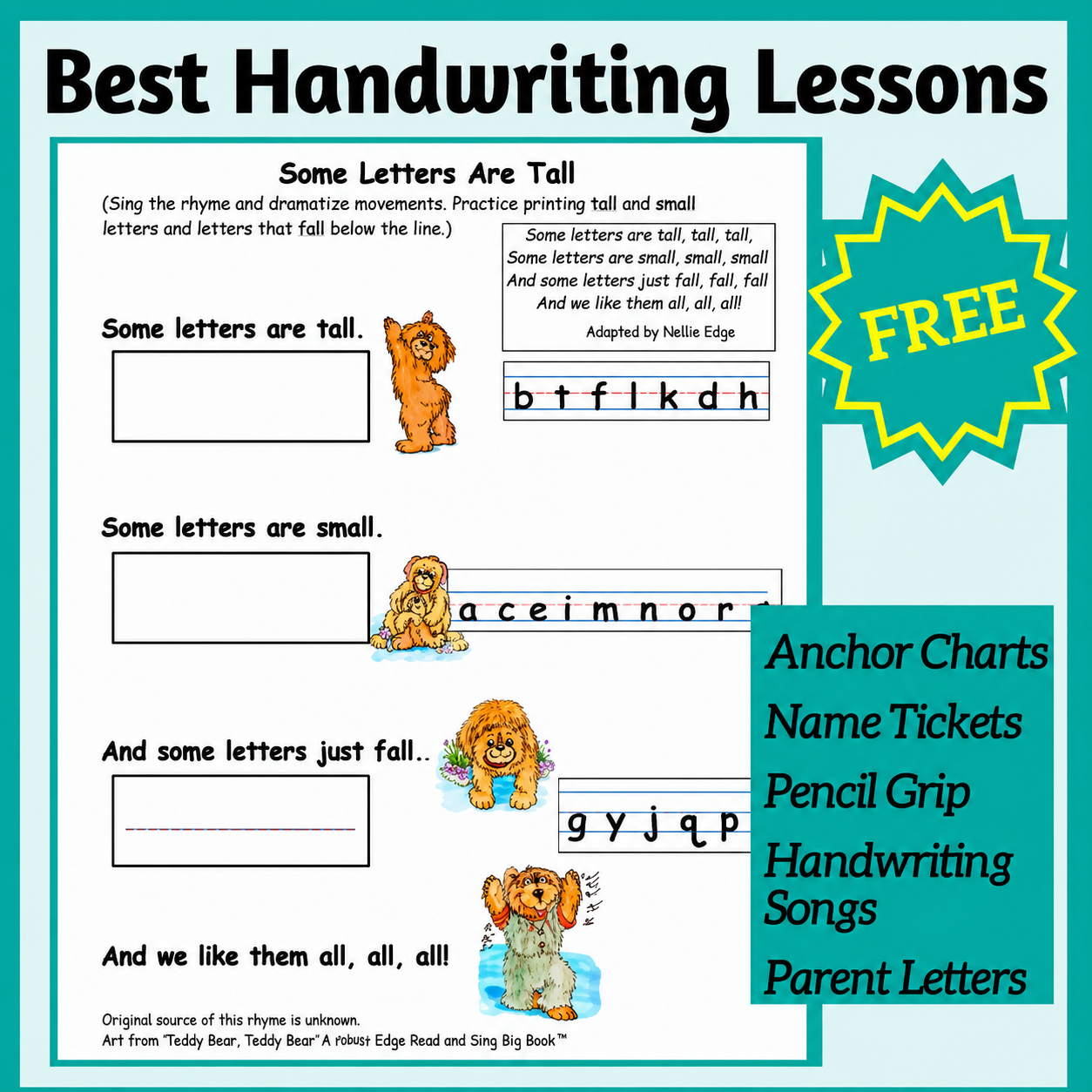 A colorful educational chart titled 'Best Handwriting Lessons' with sections on tall, small, and falling letters. The chart features cartoon dogs and a poem about letter height and fall, alongside letter practice lines. There is a blue badge on the right side with the word 'FREE' and a teal box listing additional materials like anchor charts, name tickets, pencil grip, handwriting, songs, and parent letters.