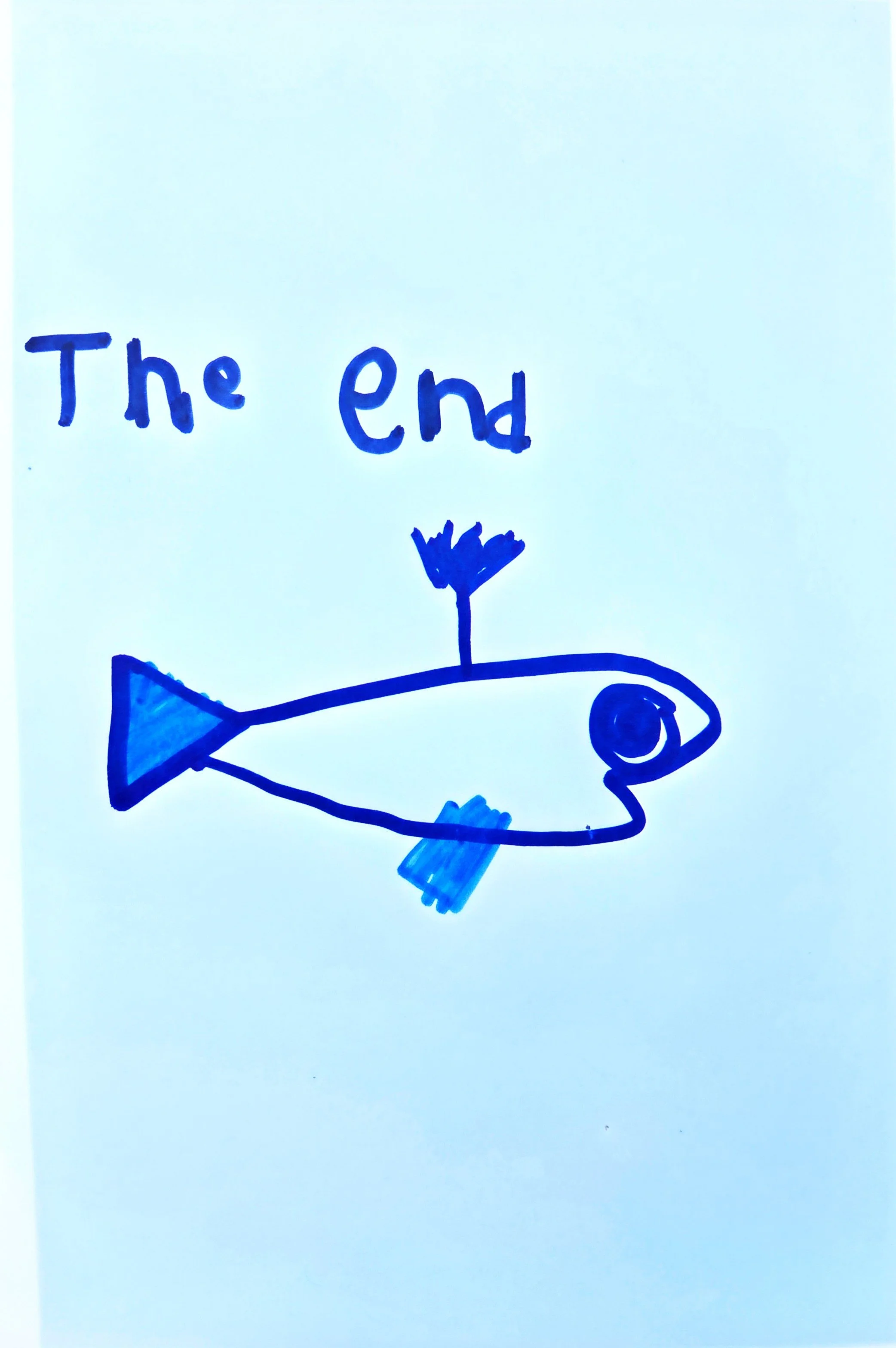 A hand-drawn blue fish with an eye, tail, and fins, with the words "The end" written above it in blue ink.