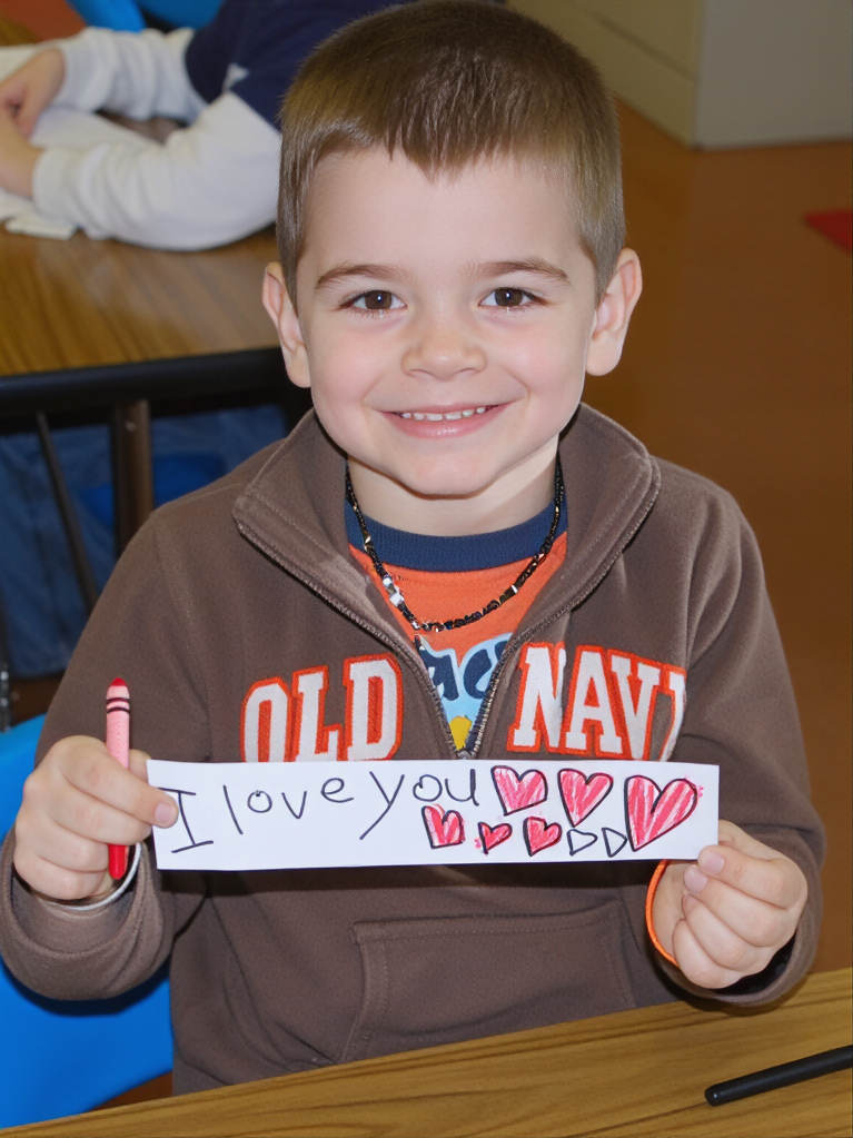 A young boy smiling and holding a handwritten card that says 'I love you' with several pink and red hearts drawn on it.