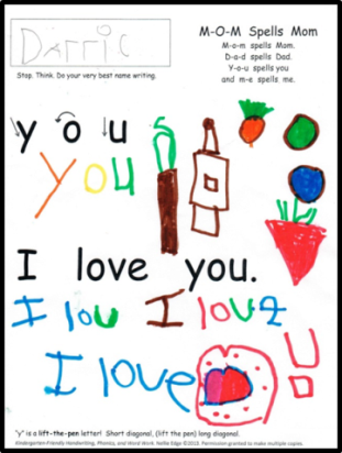 Child's drawing of words and objects, including 'Darric,' a heart, and colorful fruits like a strawberry, orange, lime, and blueberry, with playful handwriting and drawings.