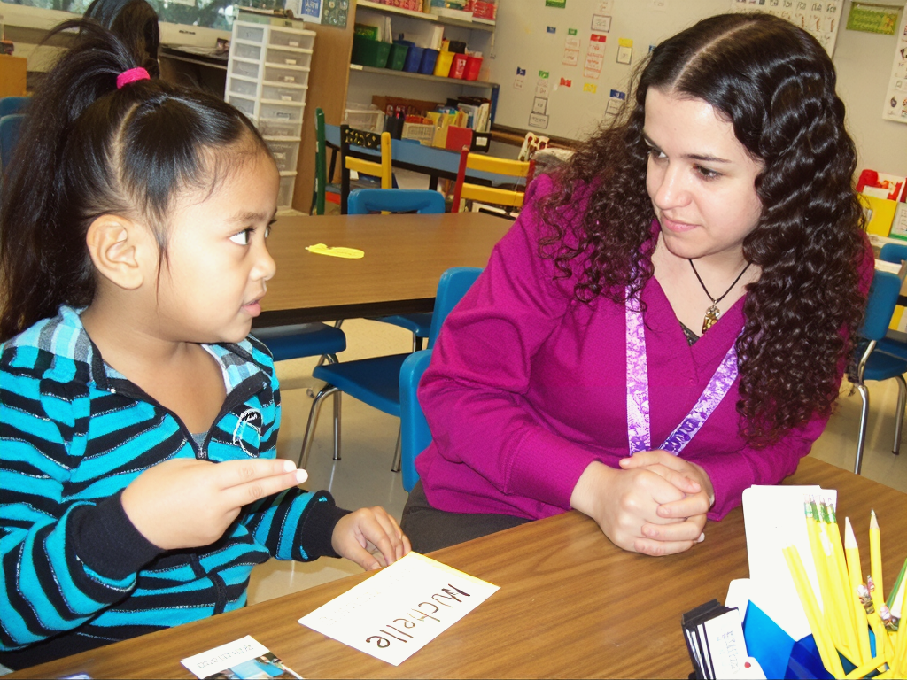 A kindergartener working with her teacher to practice handwriting and fingerspelling