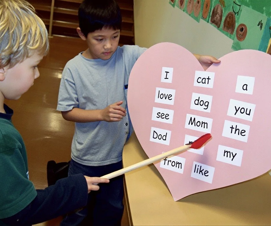 to boys showing the heart words they learned
