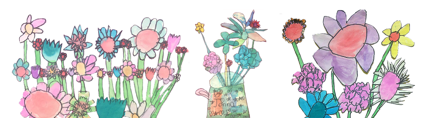 Colorful illustrated bouquet of various flowers, including pink, purple, blue, yellow, and green flowers with decorative accents.