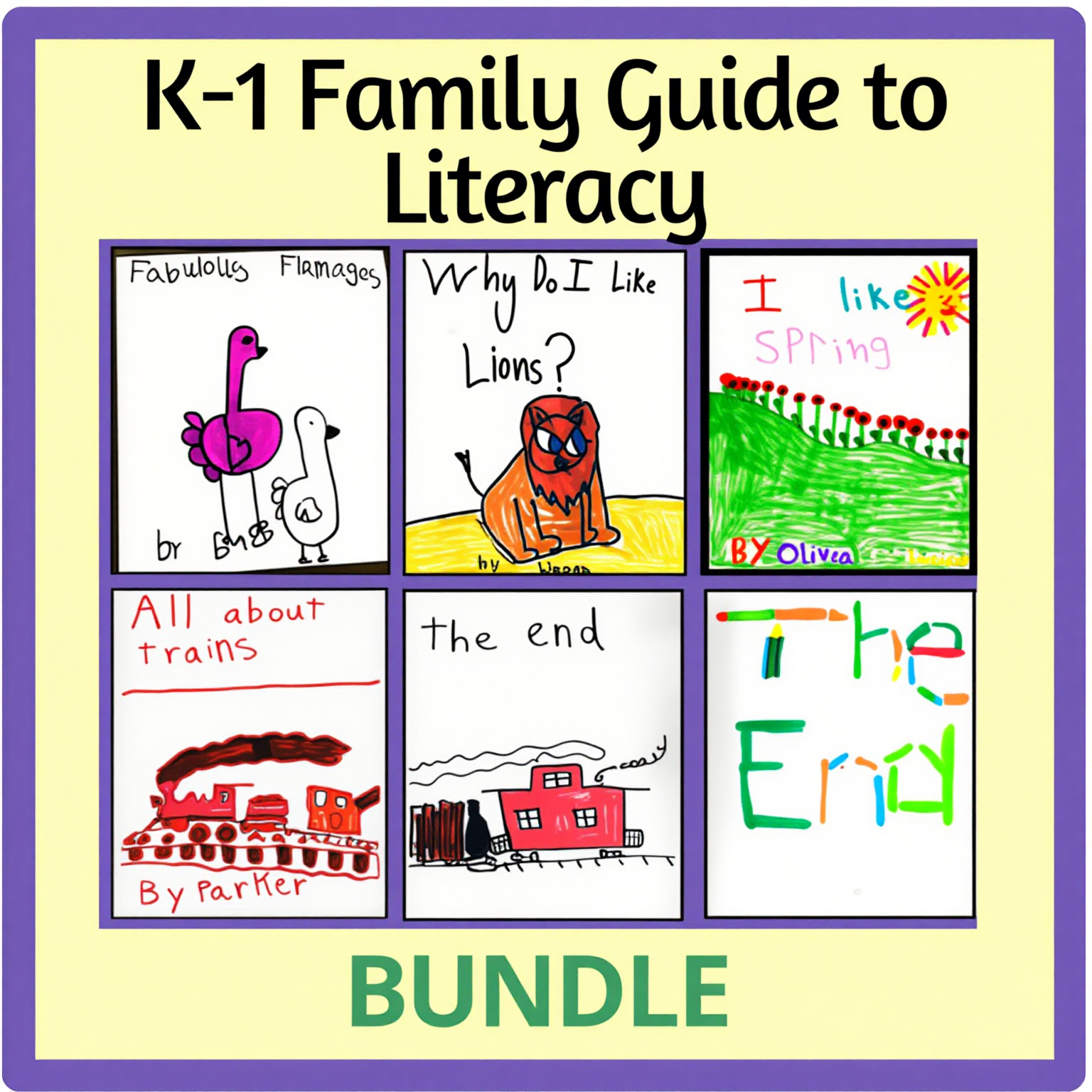 A cover for an educational packet titled 'K-1 Family Guide to Literacy' displaying children's drawings, part of curriculum from Nellie Edge Kindergarten Resources