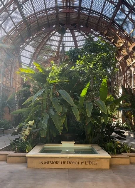Indoor botanical garden with large green plants in a glass-domed conservatory, featuring a memorial plaque for Dorothy L. Dees.