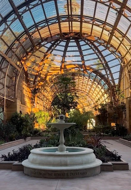 Indoor botanical garden with a glass arched ceiling and a central fountain, surrounded by lush plants.