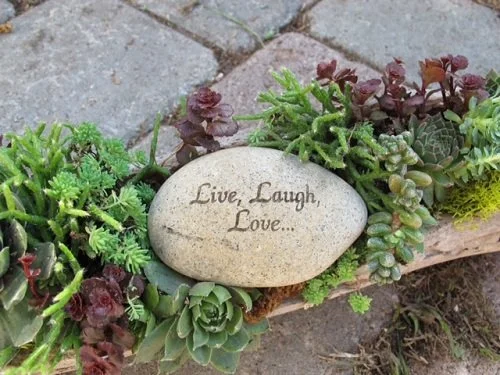 A stone with the inscription "Live, Laugh, Love" surrounded by green and purple succulents on a wooden planter.