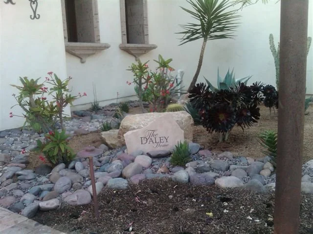 A rock garden with a central stone engraved with "The Daley Home" surrounded by various plants and rocks, with two windows and a white wall in the background.