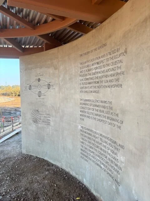 Text explaining the theory of the seasons on a concrete wall with diagrams, under a wooden roof.