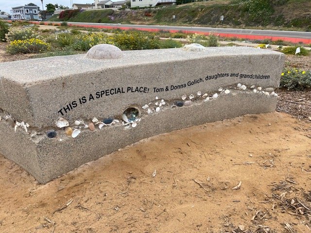 Concrete memorial bench with a raised oval design on top, engraved with a message about Tom and Donna Golich and their family, with seashells and rocks embedded along the front edge, located outdoors with plants, houses, and a road in the background.