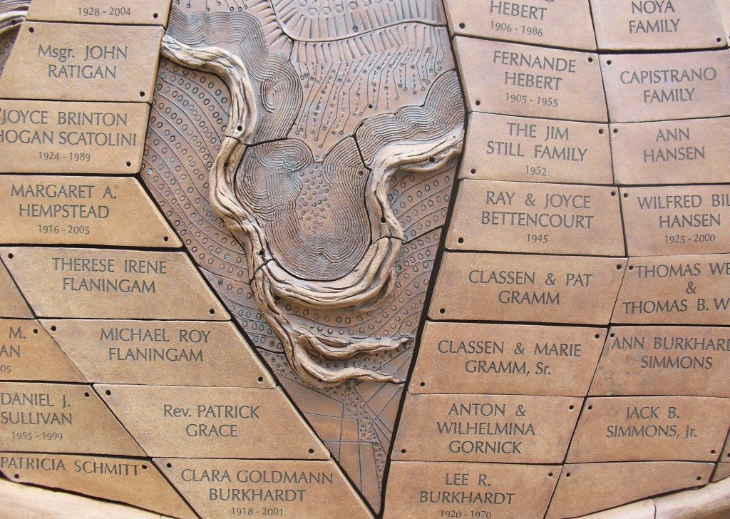 A memorial plaque with carved topographic features and engraved names and birth-death years of individuals and families.