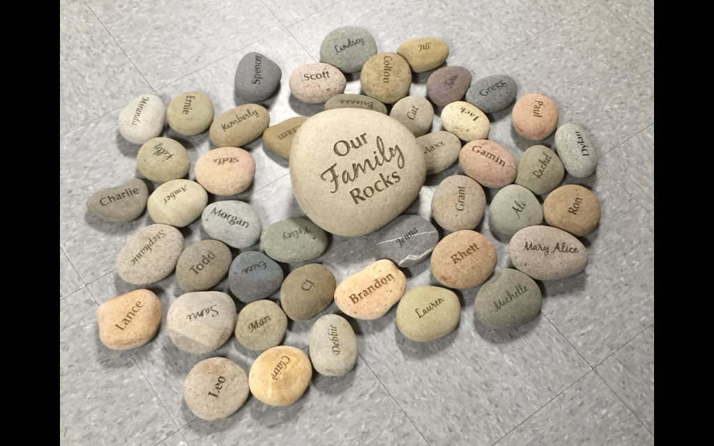 A large central rock with the words "Our Family Rocks" written on it. Surrounding it are smaller rocks with the names of family members, such as Lindsay, Scott, Emily, Morgan, and others, all arranged on a tiled floor.