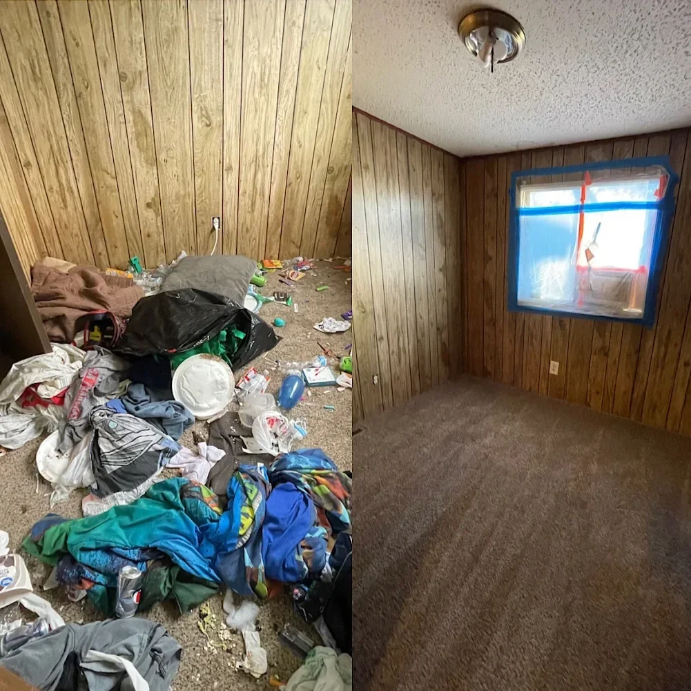 Comparison of two room images: On the left, a cluttered room with clothes, trash, and miscellaneous items on the floor, wood-paneled walls, and a pillow. On the right, a clean, empty room with wood-paneled walls, a carpeted floor, and a window covered with painter's tape and plastic, with a ceiling light fixture.