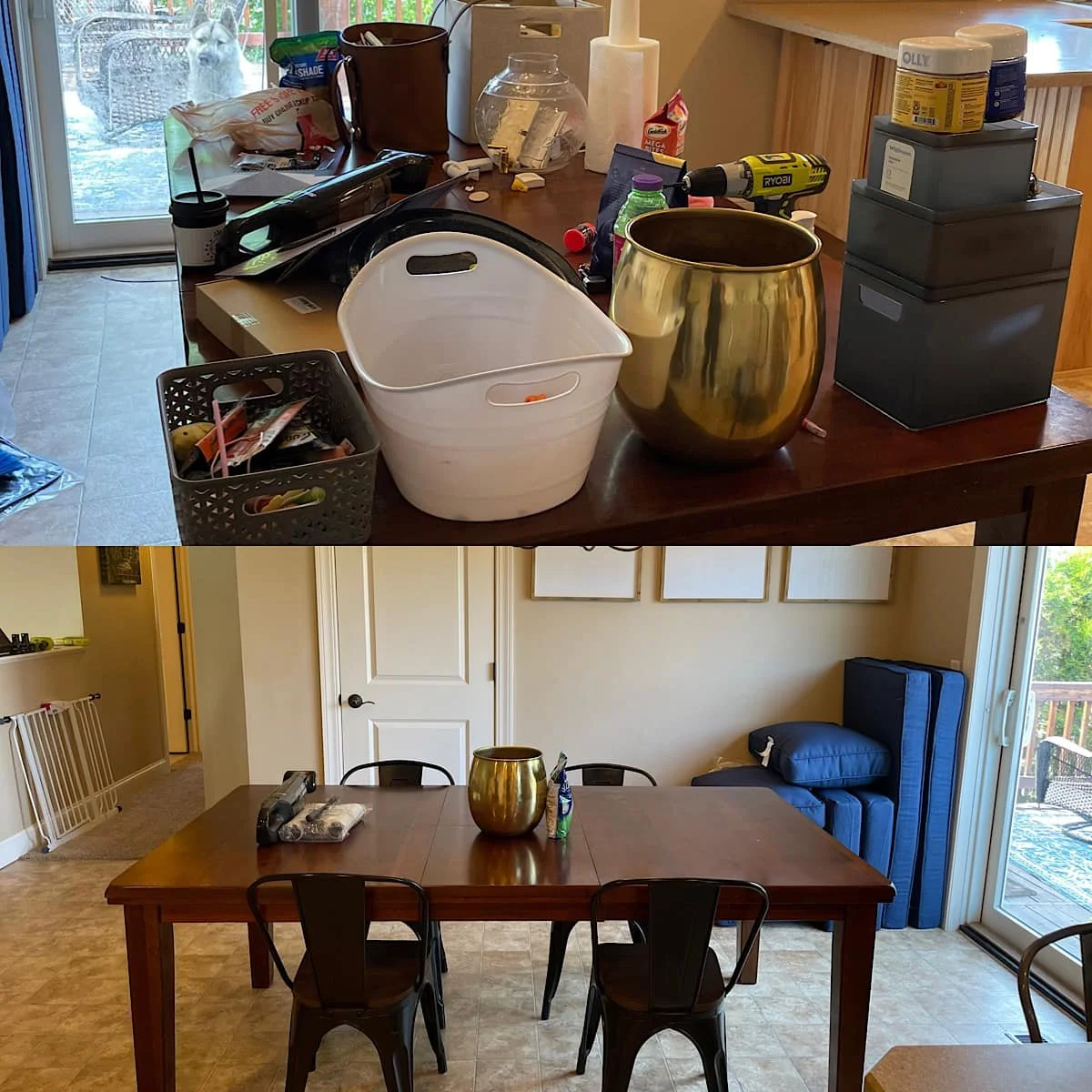 Comparison of two dining areas: the top shows a cluttered table with various household items, and the bottom shows a clean, organized dining table with a gold vase and a few items, next to a sliding glass door leading to a patio.