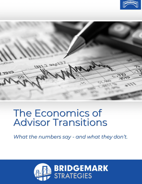 Cover of a report titled 'The Economics of Advisor Transitions' featuring a graph on financial data, with a pen and calculator nearby, and a bridge logo on a white and blue background.