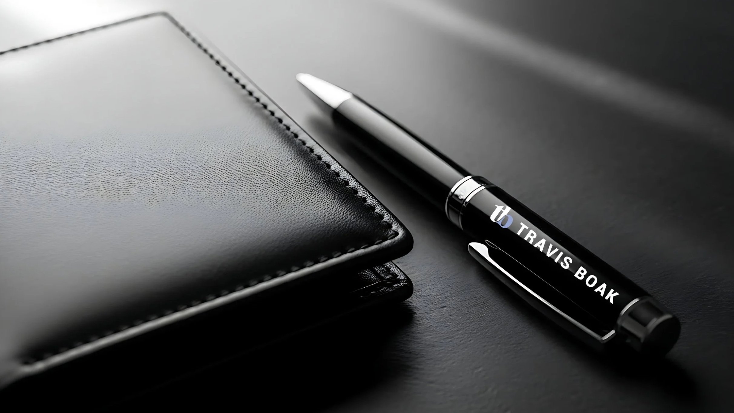 Close-up of a black and silver pen with the text 'TRAVIS BOAK' on it, resting on a black leather wallet next to a black notebook.
