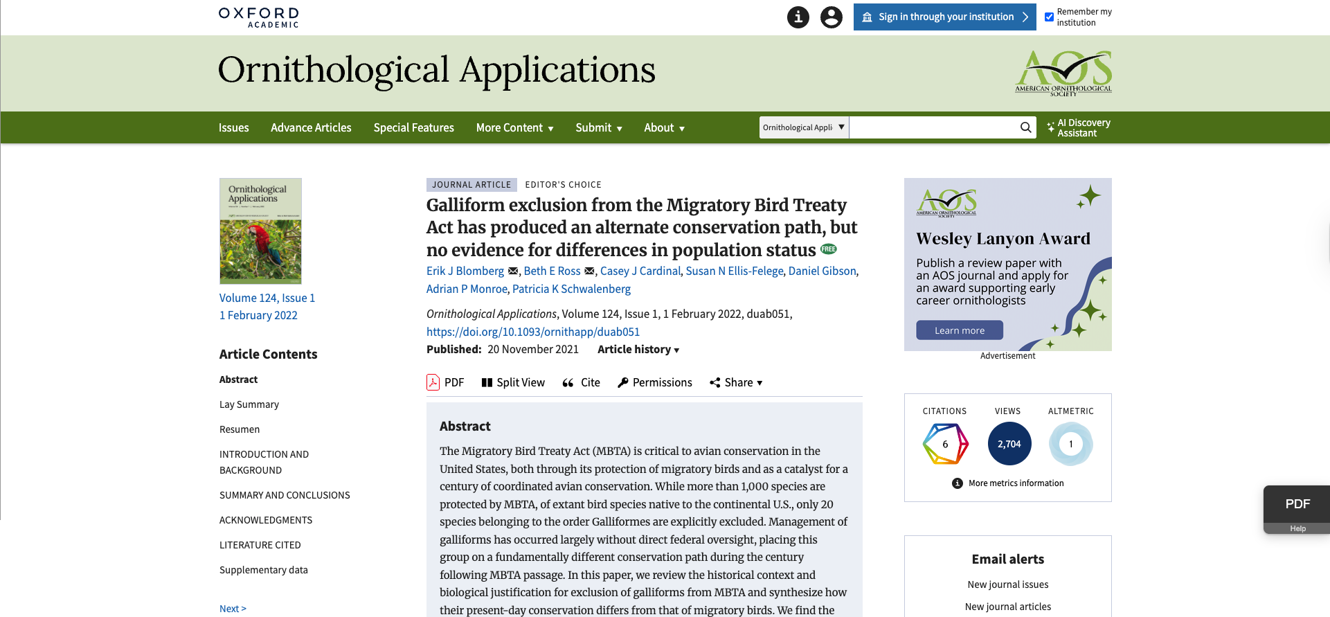 screenshot of Galliform exclusion from the Migratory Bird Treaty Act has produced an alternate conservation path, but no evidence for differences in population status article