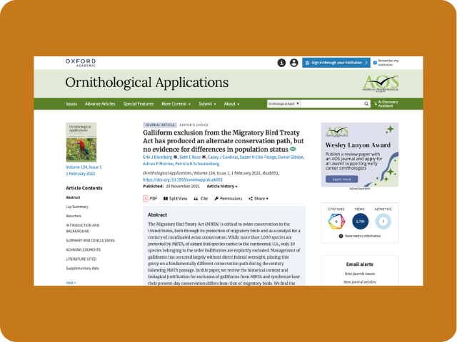 Galliform exclusion from the Migratory Bird Treaty Act has produced an alternate conservation path, but no evidence for differences in population status