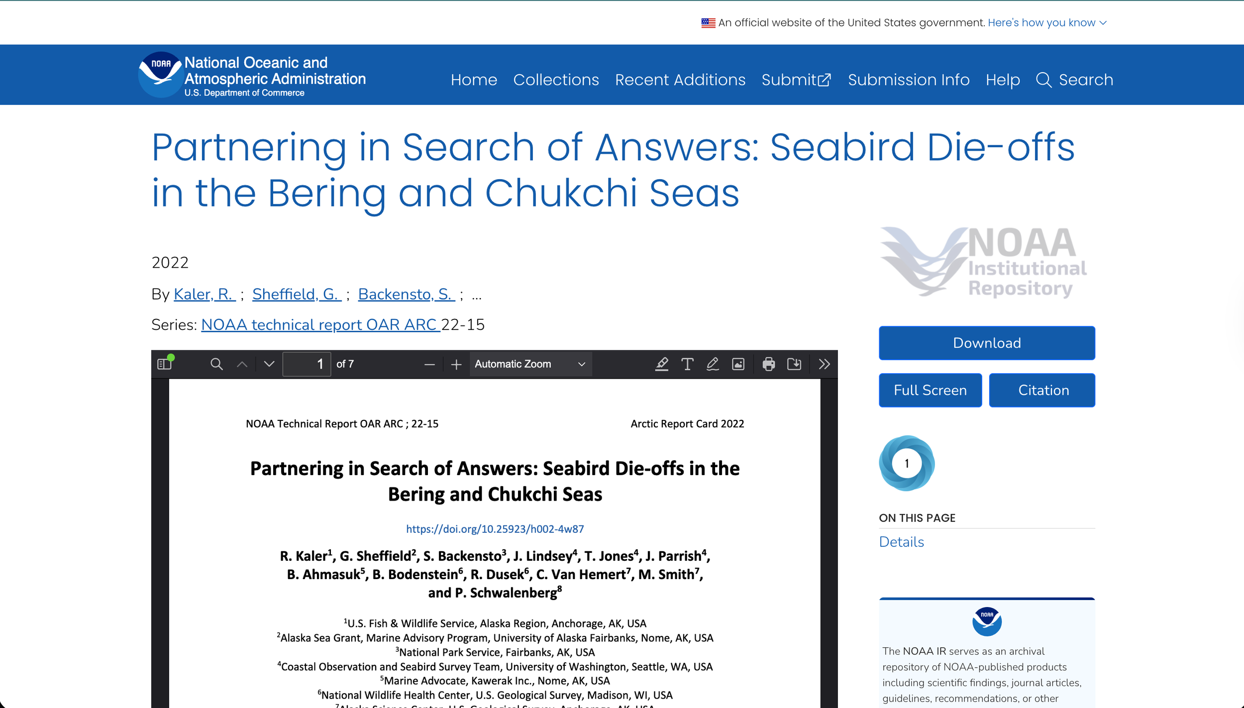 screenshot of Partnering in Search of Answers: Seabird Die-offs in the Bering and Chukchi Seas article