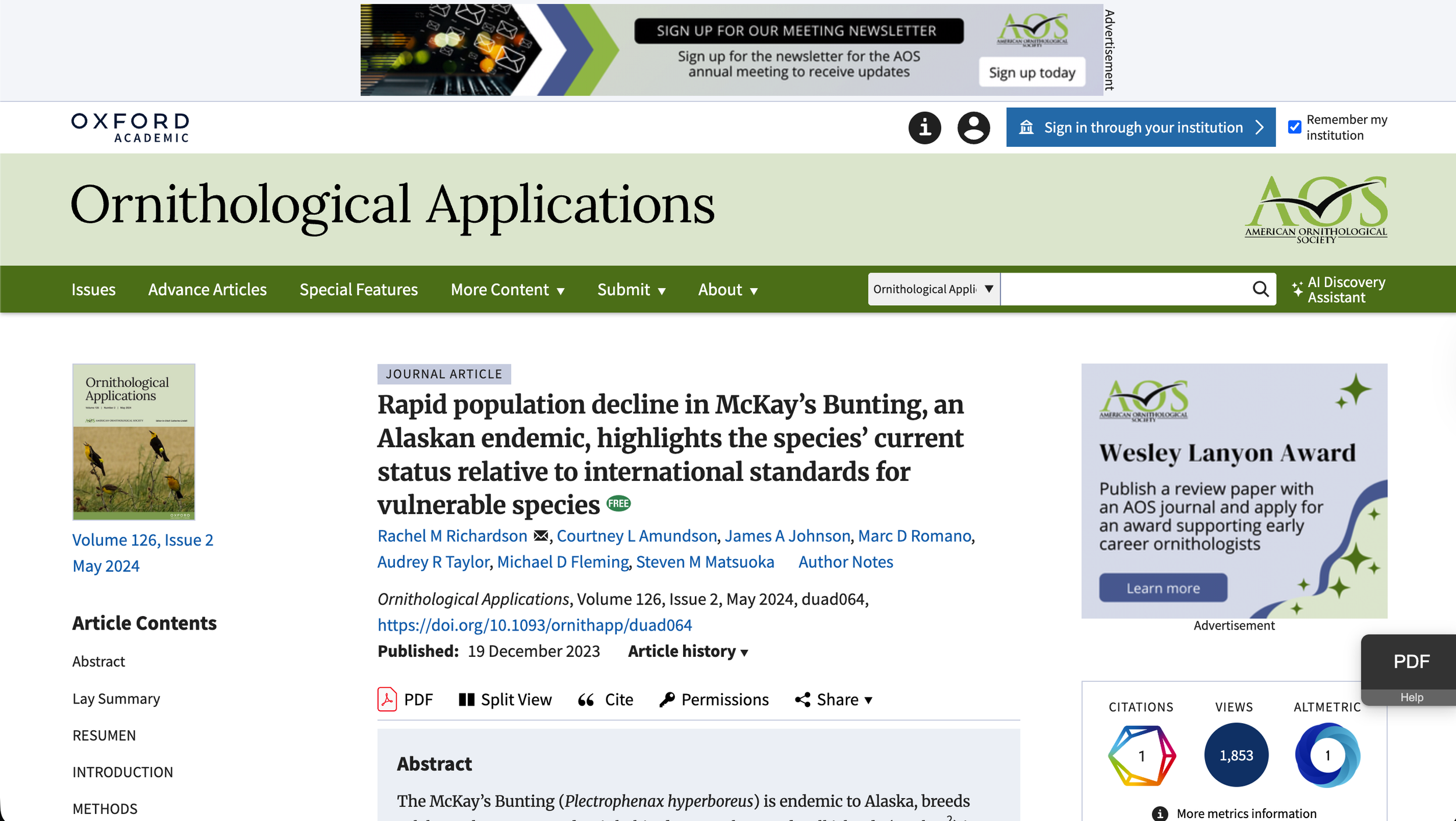 screenshot of Rapid population decline in McKay’s Bunting, an Alaskan endemic, highlights the species’ current status relative to international standards for vulnerable species article